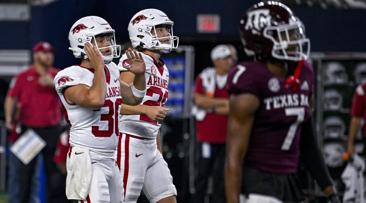 Arkansas reacts to a field goal off the uprights.